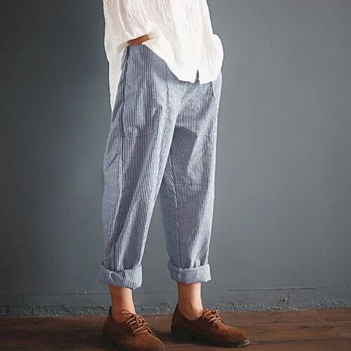 Streetwear Black Pencil Haren Pants Womens High-Waisted Striped Loose Cotton Linen Trousers Korean Style Sweatpants Baggy Pants