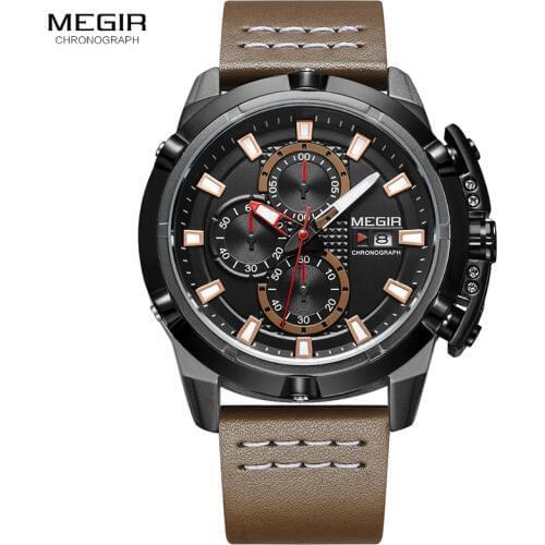 MEGIR Racing Series Chronograph Quartz Watches for Men Fashion Leather Strap Waterproof Analogue Wristwatch fro Man 2062BKBN
