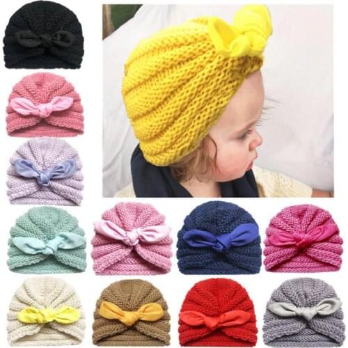 Baby Solid Hat Bowknot Elastic Turban Cute Soft Warm Wool Knitted Caps Kids New Autumn Winter Unisex Dropshipping