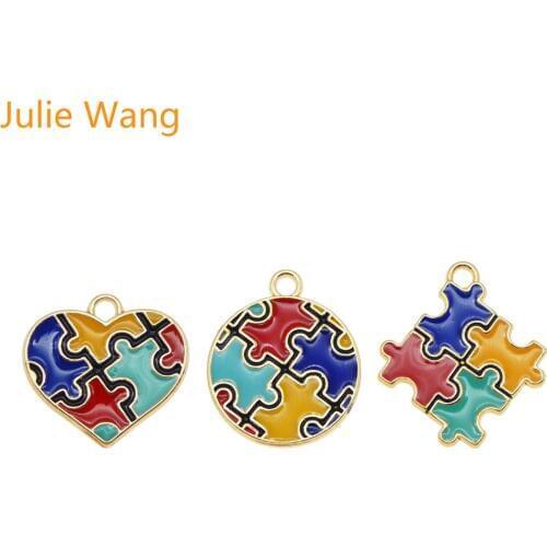 Julie Wang 3PCS Enamel Autism Awareness Jigsaw Puzzle Charms Gold Tone Necklace Bracelet Earrings Jewelry Making Accessory