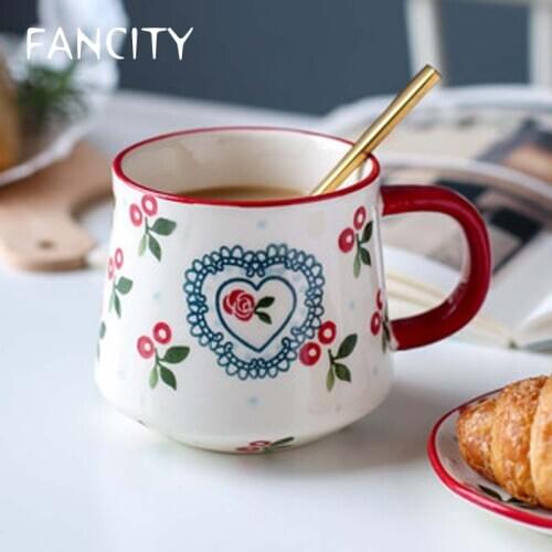 FANCITY Cherry Ceramic Mug Mug Cute Girl Drinking Water Cup Home Breakfast Cup Milk Cup Coffee Cup