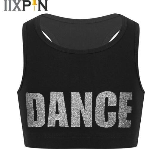IIXPIN Kids Girls Ballet Class Costumes Bra Tops Sleeveless Racer Back Shiny Letters DANCE Printed Crop Top Sports Bra for Dance