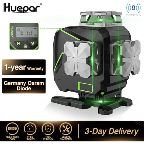 Huepar 16 lines 4D Cross Line Laser Level Bluetooth & Remote Control Functions Green Beam Lines With Hard Carry Case No Bracket