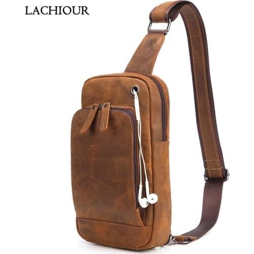 Men Crazy horse Leather Sling Chest Bag Vintage Fashion Crossbody Bag Designer Male Travel Shoulder Bag Phone Daypack Male