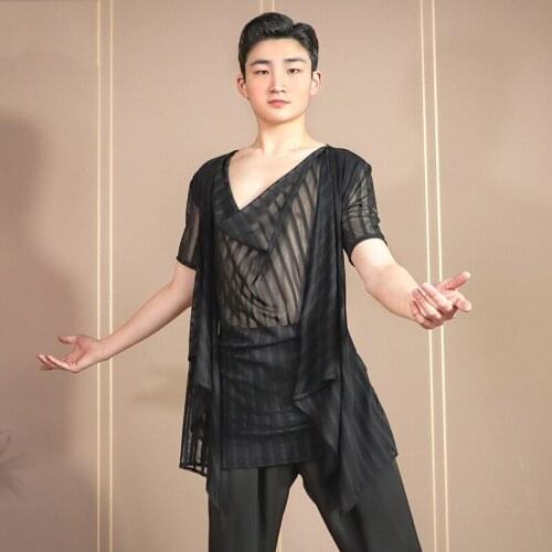 2021 MenS Latin Dance Tops Summer Perspective Striped Dance Clothes Fake Two-Piece Latin Practice Clothes Dance Wear DN8480