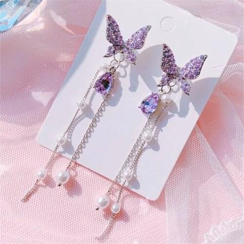 2021 New Korean Fashion Tassel Purple Crystal Pearl Earrings Long Pendant Bow Earrings Elegant Ladies Jewelry Anniversary Gift