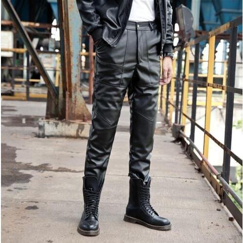 Autumn and winter loose leather pants mens feet pants Plus velvet thick motorcycle pu trousers men personality pantalon homme