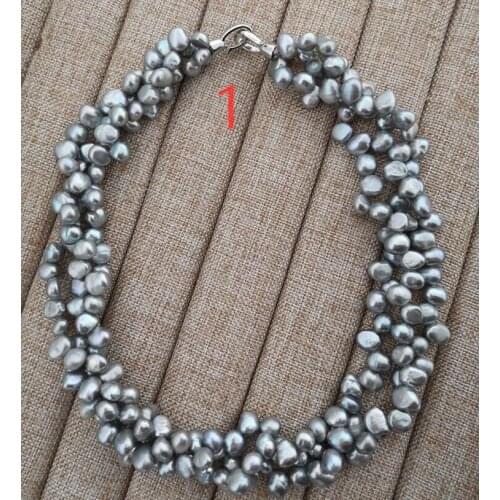 3 rows 6x7mm gray baroque flat pearl choker necklace gold clasp natural Freshwater PEARL Women Jewelry 43cm 17'' 35cm