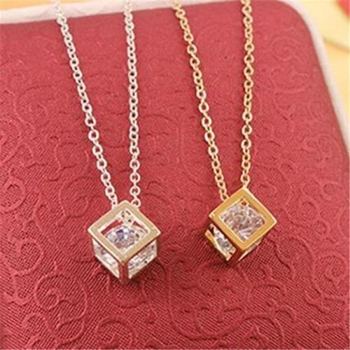 New Fashion Korean Trendy Crystal Jewelry Love Cube Square Necklace Elegant Zirconia Pendant Necklace Clavicle Chain Wholesale