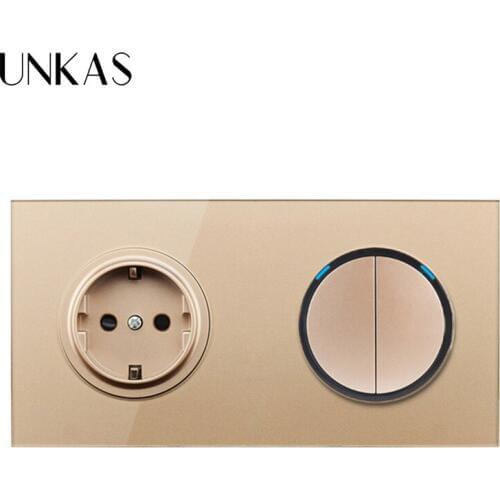 UNKAS Gold Crystal Glass Panel 16A EU Russia Standard Wall Power Socket 1 Gang 1 Way On / Off Light Switch LED Indicator