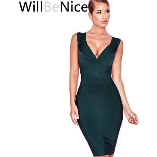 WillBeNice Summer Women Bandage Dress Vestidos 2019 Orange Red Black Sexy Deep V-Neck Sleeveless Bodycon Celebrity Party Dress