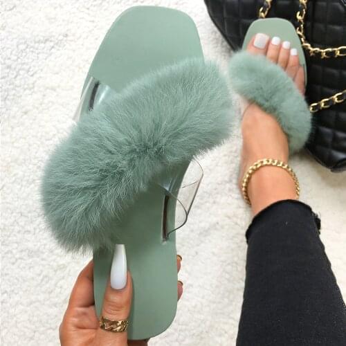Fluffy Flip Flops Real Rabbit Fur Slippers Furry Fur Slides Cross Strap Transparent Flat Sandals Square Toe Women Fashion Shoes