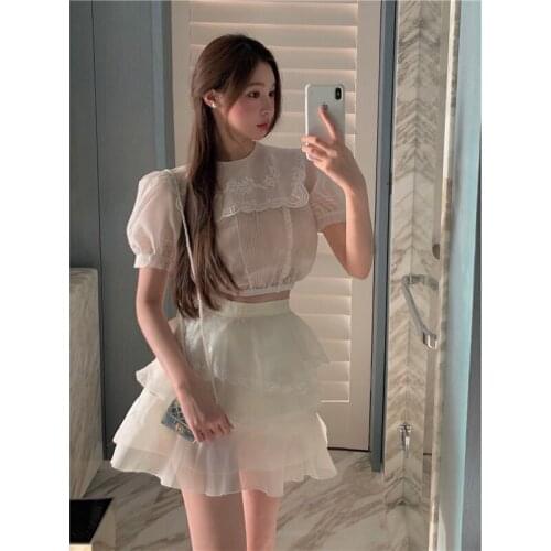 Shirt Womens Summer Thin Lace Embroidery Short-sleeved Shirt Sweet and Age-reducing Loose Short White Top