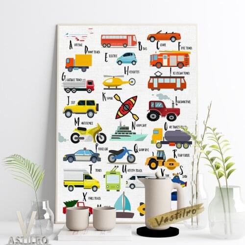 Transportation Clipart Alphabet Poster Colourful Vehicle ABC Art Prints Nursery School Kids Room Educational Decor Child Gift