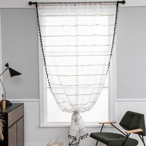 Boho Embroidered Sheer Curtains for Kitchen Door String Thread Fringe Tassel Party Room Divider Drapes