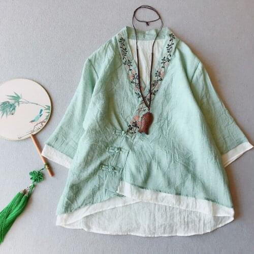 Summer Women T shirt Embroidery Cotton Linen Half Sleeve V neck Casual Loose Button Cardigan Floral Blouse Female YoYiKamomo