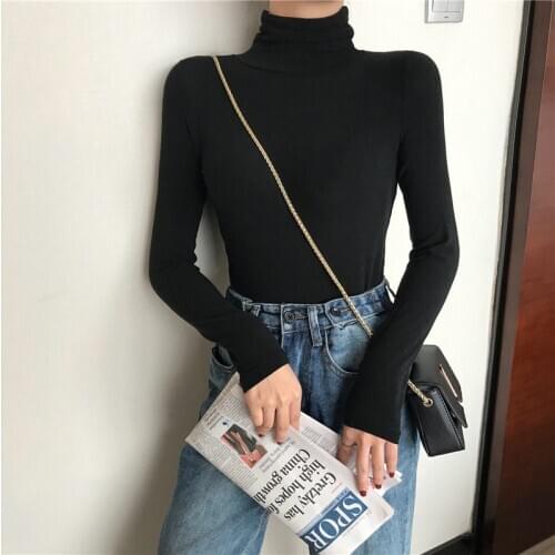 Black White Turtleneck Female T-shirts autumn Fashion Elegant Women solid Long Sleeve T shirt slim Casual basic Tee top NS4628