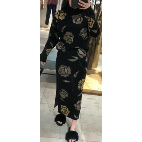 Ladies 2021ss Vintage Style O Neck Knitting Sweater Pullover Top - Matching Women Knitted Midi Skirt - Female Top Skirt 2pc Sets