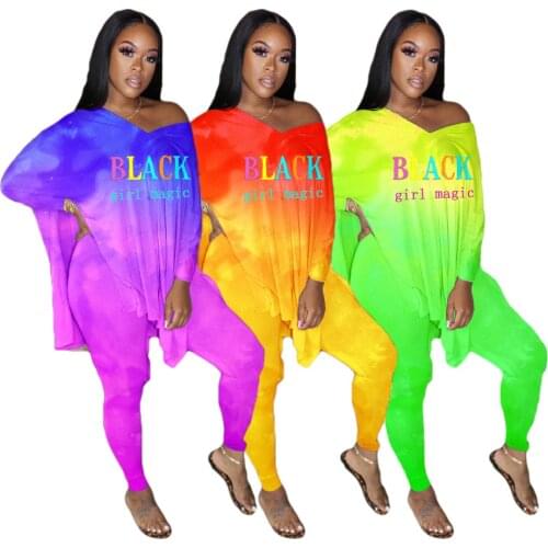 Tie Dye 2 PCS Set Casual Loose Women Two Piece Outfits Long Sleeve Slit Long Top and Pants Summer Spring Tracksuit Matching Sets