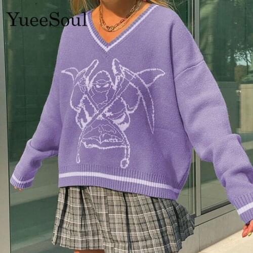 Oversized Sweater Y2K Chic Print V Neck Knitted Women Jumper Autumn Winter Fashion Loose E-girl Knitwear Pullovers