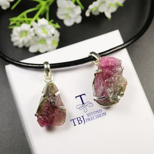 TBJ,natural two color tourmaline pendant leather chord necklace rare bi-color tourmaline jewelry 925 sterling silver women gift