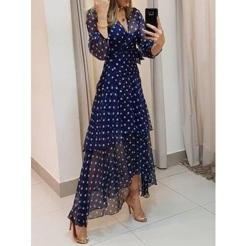 2020 Women Lantern Sleeve Polkadot Print Layered Ruffles Maxi Dress Elegant Fashion Chic Dress