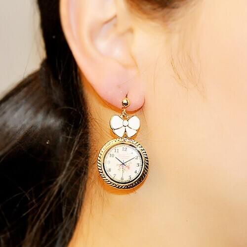 1 pair Exquisite Korean Style Bowknot Asymmetrical Hour Watch Cute Earrings Pendant Ear Long Chain for Women Golden Jewelry