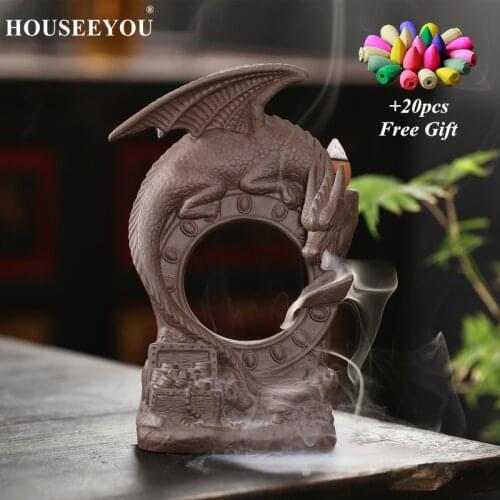 20Pcs Incense Cones + Backflow Incense Burner Dragon Aroma Furnace Dinosaur Waterfall Censer Holder Smell Aromatic Zen Decor
