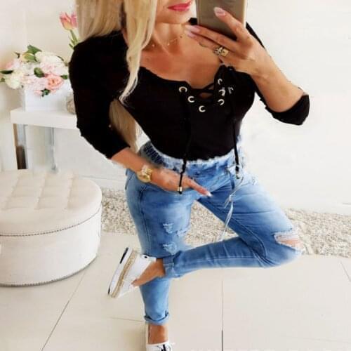 2020 Autumn New Women Long Sleeve T Shirt V Neck Bandage Back Hollow Out Solid Slim Fit Casual Tees Female Clothing