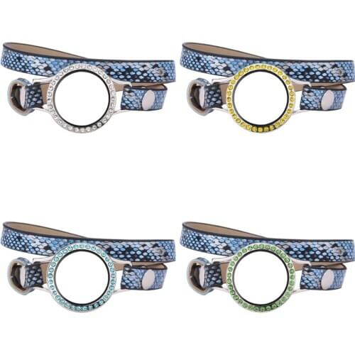 5pcs/lot 25mm Different color crystals Glass Locket 37CM Snake blue Double Wrap PU Leather Bracelet Wristband With 50pcs Charms
