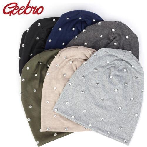 Geebro Fashion Womens Beanie Hat Solid Color Casual Polyester Pearls Beanies For Girls Skullies Beanie Hats Bonnet For Female