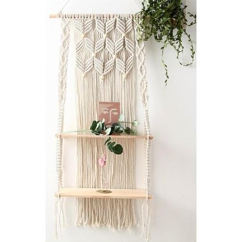 Tapestry Shelf Woven Wall Hanging Decoration Shelf Bohemian Handmade Macrame Wooden Rack Floating Plant Rack Stand Room Decor