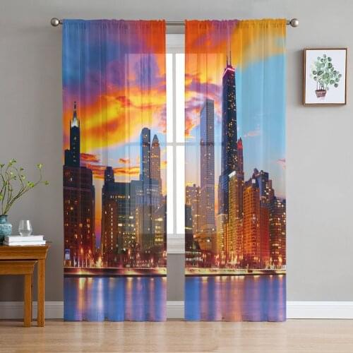 City Bustling Night View Tulle Sheer Window Curtains for Living Room Kitchen Children Bedroom Voile Hanging Curtain