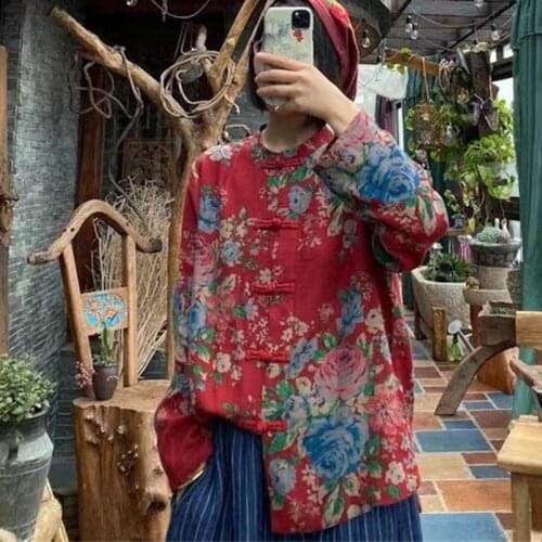Johnature Women Vintage Cotton Linen Shirts And Tops Print Floral Stand Blouses 2021 Spring New Button Loose original Shirts