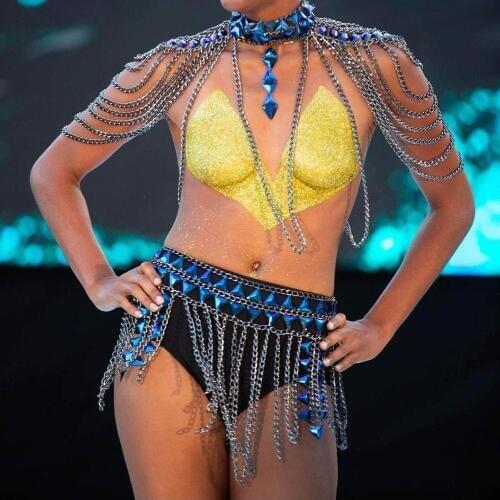 Boho Rhinestone Chain Blue Tassel Acrylic Bikini Set Sexy Summer Body Jewelry for Women and Girls