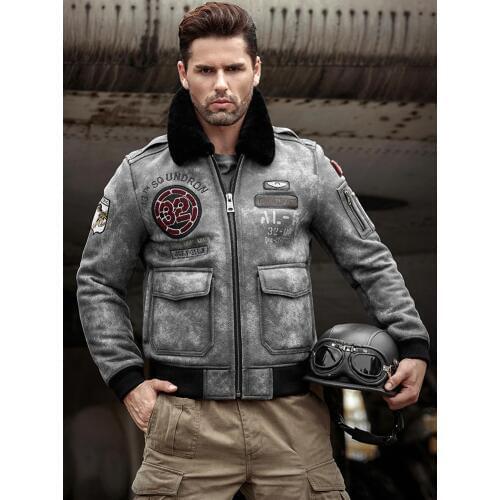 2019 Mens Gray Shearling Jacket Leather Jacket Fur Coat Mens Airforce Flight Coat Embroidered Jacket