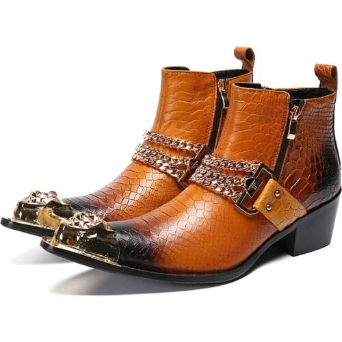 Men boots Snakeskin grain Metal chain decoration pointed leather shoes man formal shoes Boots Fashion high heel Side zipper