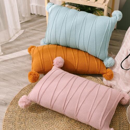 Pompoms Cushion Cover Rectangle Pink Blue Orange Pillow Case 35*55cm Soft Knit Home decoration Pillow Cover for Living room Sofa