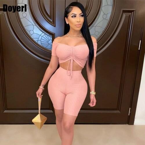 Bodycon Sexy Two Piece Outfits for Women Summer Set Festival Clothing Off Shoulder Drawstring Top Biker Shorts Set Matching Sets