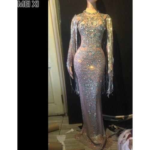 Silver luxury rhinestone sequined fringe dress birthday celebration party banquet evening concert ball singer costume