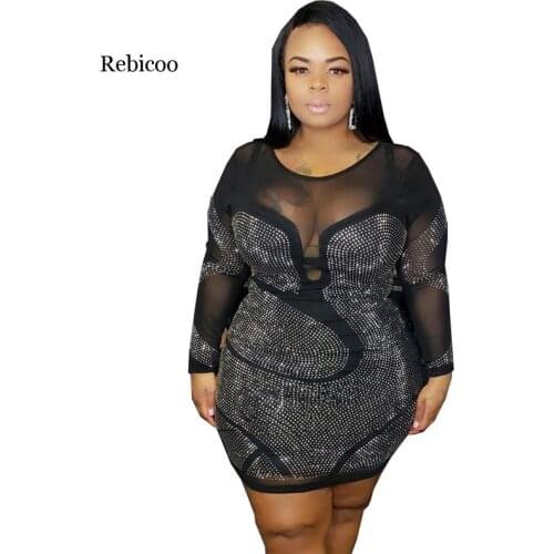 Autumn Fashion Womens Tight Fitting Sexy Dress Long Sleeves Round Neck Bag Hips Hot Drilling Dress Mini Solid Color Plus Size