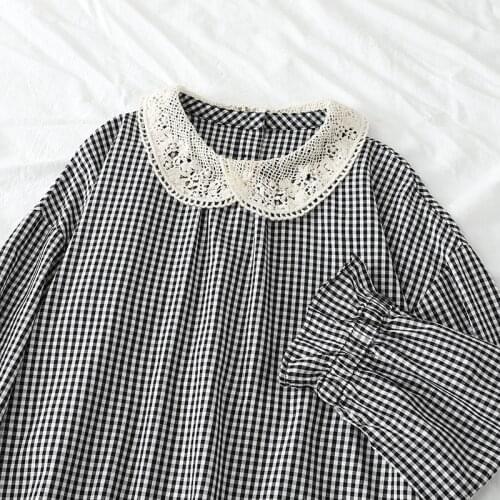 Lamtrip Back Buttons Up Kawaii Plaid Cotton Long Sleeve Shirt Mori Girl Blouse Top