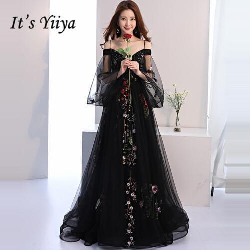 Its YiiYa Evening Dress 2019 Black Embroidery Floral Spaghetti Strap Train Elegant Trailing Dinner Gowns LX1381 robe de soiree