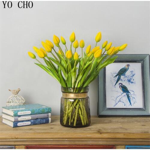 YO CHO 7PCS Mini Tulips Artificial Flowers Real Touch Latex Tulip Wedding Home Garden Decoration Bridesmaid Bouque Fake Flowers