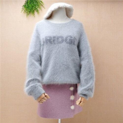 YT009 ladies women grey o-neck fuzzy hairy mink cashmere long lantern sleeves pullover angora rabbit hair loose jumper sweater