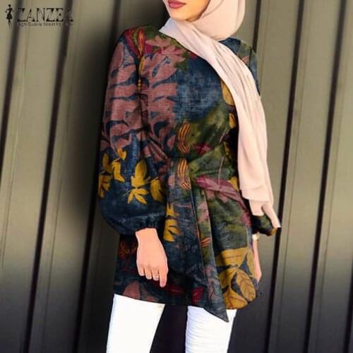 Kanftan Blusas Femininas Muslim Fashion ZANZEA Irregular Women Blouse Casual Loose 2021 Autumn Print Bangdage Blouse Chemise