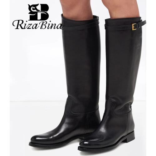 RIZABINA Plus Size 34-43 Women Knee Boots Leather 2022 Fashion Buckle Winter Warm Shoes Woman Casual Daily Long Boot Footwear