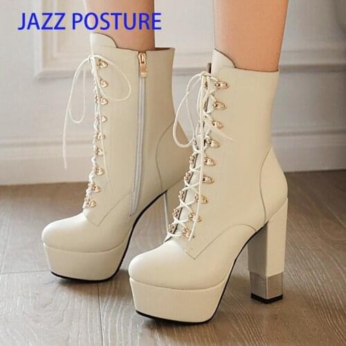 Woman Lace up Autumn Boots Womens Chunky Wedge Platform Black Patent Leather Ankle Boots Punk Goth New Arrival 2021 w276