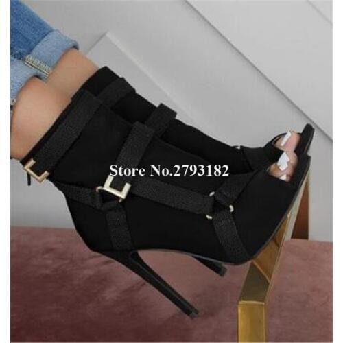 Women Brand Design Peep Toe Suede Leather Stiletto Heel Short Gladiator Boots Straps Buckles High Heel Ankle Booties Dress Heels