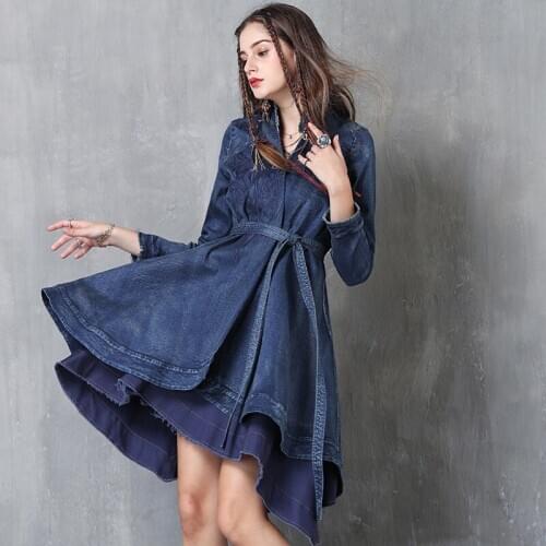 2020 New Spring Autumn Long Trench Coats Womens Irregular Denim Cardigan Retro Buckled Belt Long Sleeve Jeans Dress B75